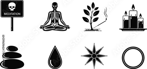 Black Vector Icon Set of Meditation and Wellness Elements Including Zen Stones, Skeleton in Lotus Pose, Candles, Incense, and Symbols
