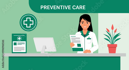 Preventive Care Doctor Holding Documents at Medical Office Illustration