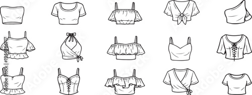 Women crop top blouse vector set, trendy fashion clothing minimal outline apparel icons collection