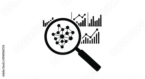 Vector icon of magnifying glass with molecular structure and graphs