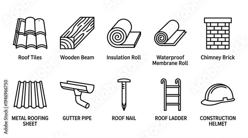 A clean, minimalist icon set showcasing essential construction and roofing materials, ideal for design projects, websites, and informational graphics.