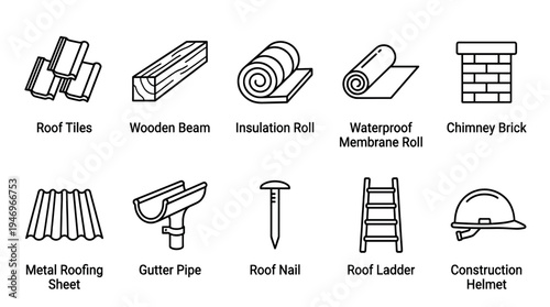 A collection of line art icons representing various building and roofing materials for construction projects and home improvement.