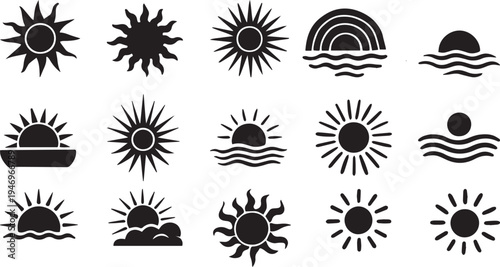Sun and Sunrise Icons Set with Sun Rays, Sunset Over Water, Weather Symbols Black Vector Collection