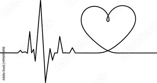 Heartbeat line with heart shape vector, ECG EKG medical pulse monitor, love and health concept, minimalist line art isolated on white.