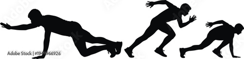 Runner athlete silhouette set, man sprinting and starting race, sports action vector illustration, track and field competition isolated on white, design.