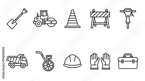 This clean, modern icon set features essential tools and equipment for the construction industry, perfect for websites, apps, and presentations.