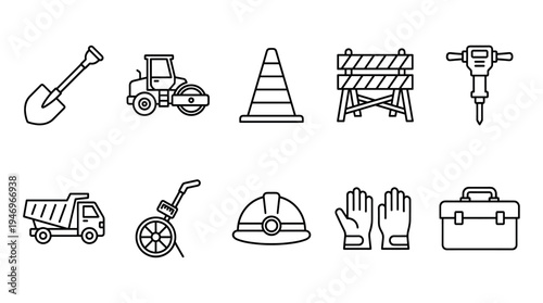 A clean, minimalist line art illustration featuring a collection of construction equipment and safety gear icons on a white background.