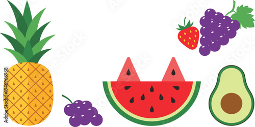 Colorful Fruit Icon Set Featuring Pineapple, Watermelon, Grapes, Strawberry, and Avocado for Healthy Eating and Nutrition Designs