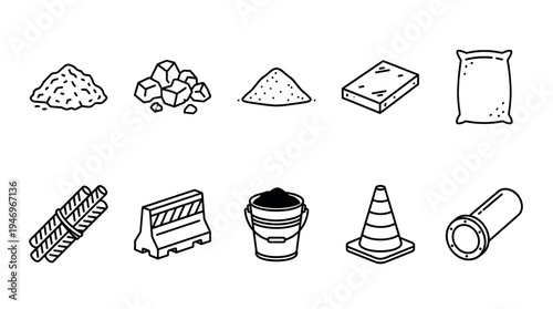 A set of hand-drawn icons featuring construction materials like sand, gravel, cement bag, and rebar, alongside tools such as a traffic cone and bucket, on a white background.