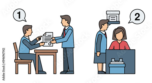 Business process illustration showing two men exchanging documents and a woman at a reception desk with a man, vector