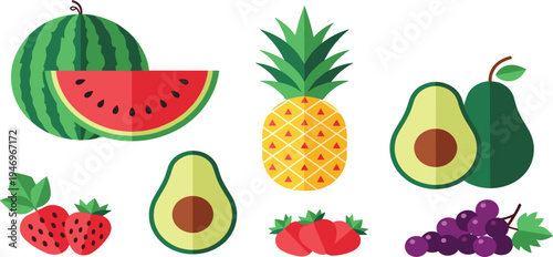 Colorful Fruit Icon Set Featuring Watermelon, Pineapple, Avocado, Strawberry, and Grapes for Healthy Eating and Nutrition Designs