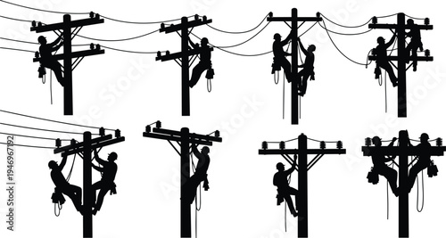 Black silhouette set of electrical linemen working on utility poles, repairing power lines and performing high voltage maintenance on white background