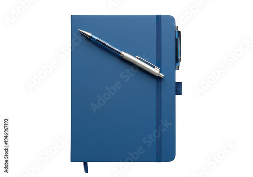 A blue notebook with a pen on top