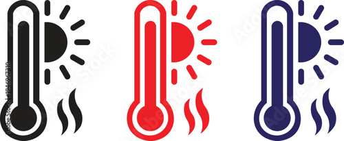 High temperature thermometer with sun and heat waves icon set representing hot weather heatwave climate change temperature warning vector illustration