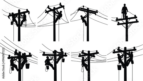 Black silhouette set of electrical linemen working on utility poles with wires, performing maintenance and power line repairs on white background