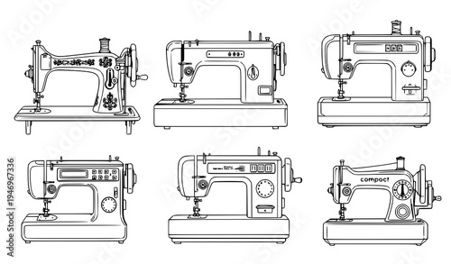 Detailed sewing machine realistic line drawing vector set isolated on white background for tailoring and textile design