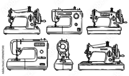 Sewing machines collection realistic outline vector illustration set isolated on white background for tailoring and fashion design