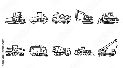 A clean black and white line art collection featuring ten different types of construction vehicles, ideal for graphic design and construction-themed projects.
