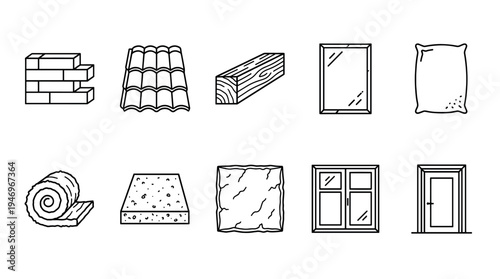 Collection of flat line icons representing building materials such as bricks, tiles, wood, windows, doors, and insulation, perfect for construction or home renovation concepts.