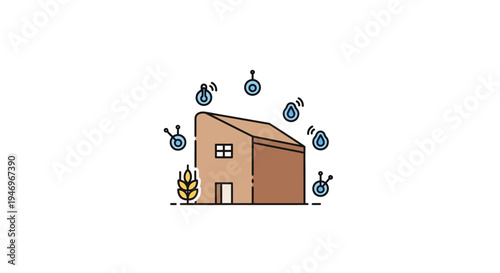 Brown house with symbols around it.