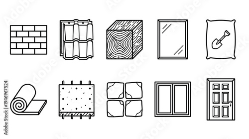 Simple line art icons represent various building materials like bricks, tiles, wood, windows, and doors, useful for construction and renovation concepts.