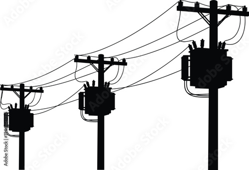 Black silhouette of electric utility poles with power line transformers and overhead wires isolated on white background for industrial energy concept