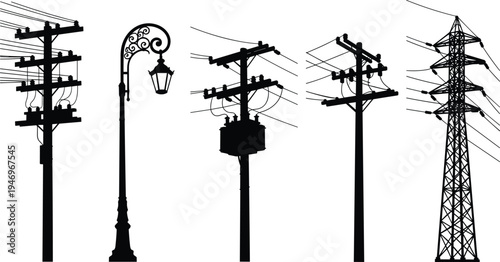 Black silhouette set of electric utility poles, vintage street lamp, power transmission tower, and overhead wires isolated on white background