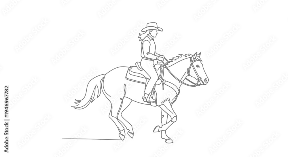 Fototapeta premium One line drawing of a woman riding a horse in a western cowboy style
