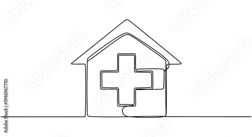Medical clinic house with health cross minimalist line art