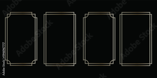 Thin golden frame set. Gold geometric border collection in art deco style. Thin linear shining rectangular shape bundle