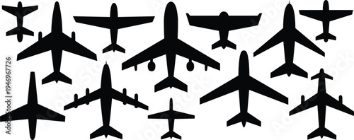 Airplane silhouette icon set, aircraft graphics, commercial jet symbols, military plane figures, aviation design outlines, black vector, white background