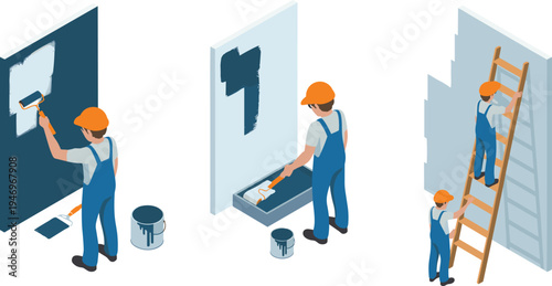 Construction workers painting wall with roller, home renovation painters using ladder and paint bucket house improvement isometric vector illustration