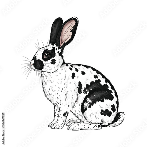 Vector of a spotted rabbit with upright ears sitting calmly