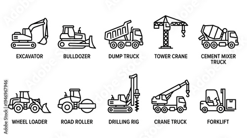 A collection of clean outline vector icons depicting various heavy construction vehicles like excavators, bulldozers, and cranes, set against a white background.