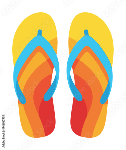 Colorful pair of vector flip-flops featuring bright yellow soles and vibrant blue straps with red and orange accents