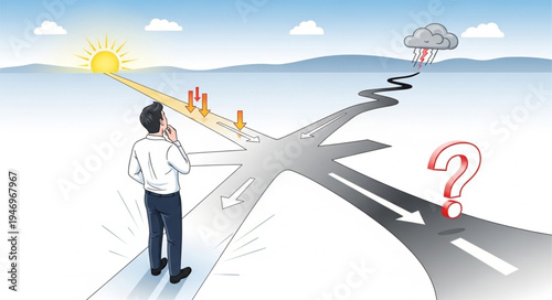 Man standing on forked road.