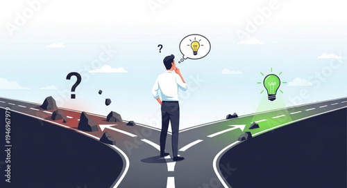 Man standing on forked road.