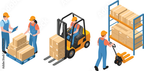 Warehouse workers handling packages and forklift loading boxes, logistics inventory storage shelving distribution center supply chain isometric vector illustration