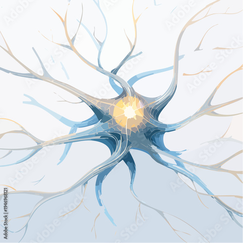 Close-up illustration of a vibrant nerve cell, highlighting its complex structure and synaptic connections
