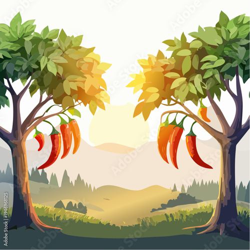 Vibrant Chili Peppers Ripening on Trees Against a Scenic Sunrise Landscape