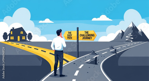 Man standing on forked road.