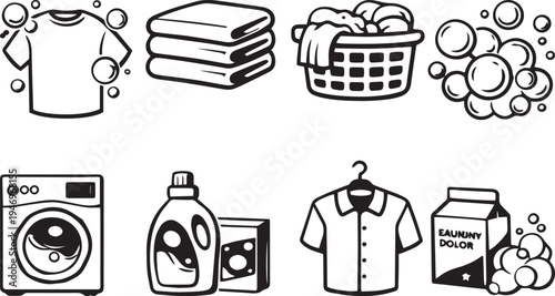 Laundry Service Line Icon Set with Washing Machine, Clothes, Detergent, Basket, Soap Bubbles Vector