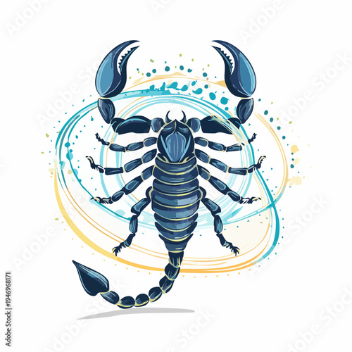 Vibrant stylized blue scorpion illustration surrounded by dynamic abstract watercolor splatters, embodying fierce power and mystique