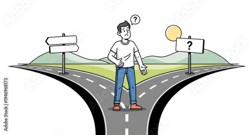 Man standing on forked road.