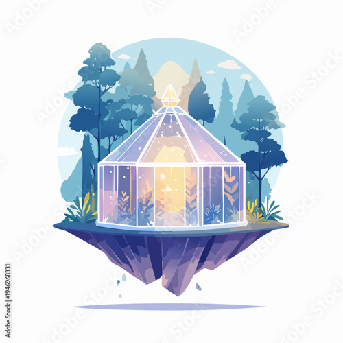 Whimsical Floating Greenhouse with Lush Vegetation Amidst a Serene Forest Landscape