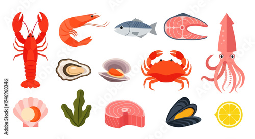 Variety of seafood icons on white background