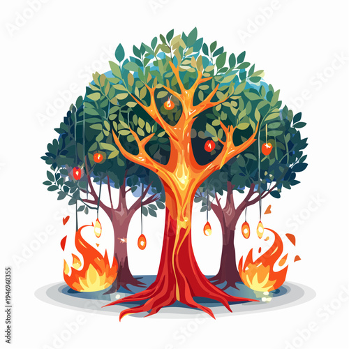 Magical Tree with Orbs and Flames Igniting a Mystical Forest Atmosphere