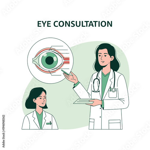 Professional Ophthalmologist Explains Eye Anatomy to Patient During Consultation in Clinic