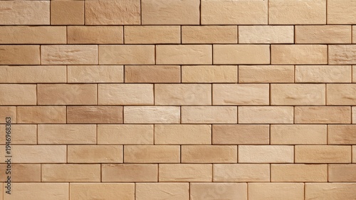 Textured tan brick wall patterned in neat rows. AI generated