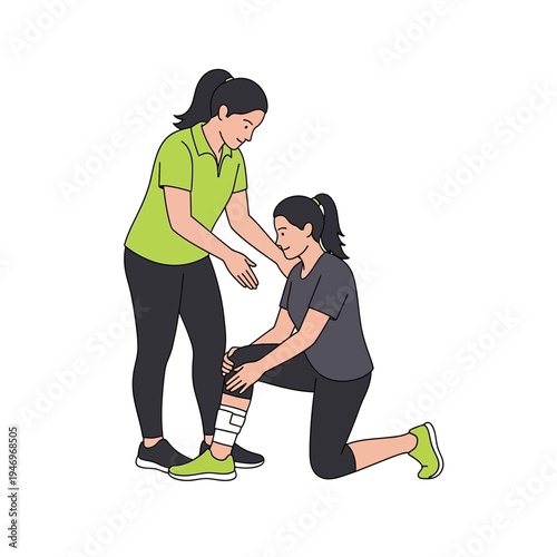 Professional Physical Therapist Assisting Patient With Knee Injury and Bandage Application